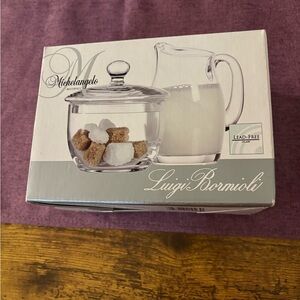 Michelangelo Masterpiece Luigi Bormioli Glass Sugar and Creamer Set. New in Box